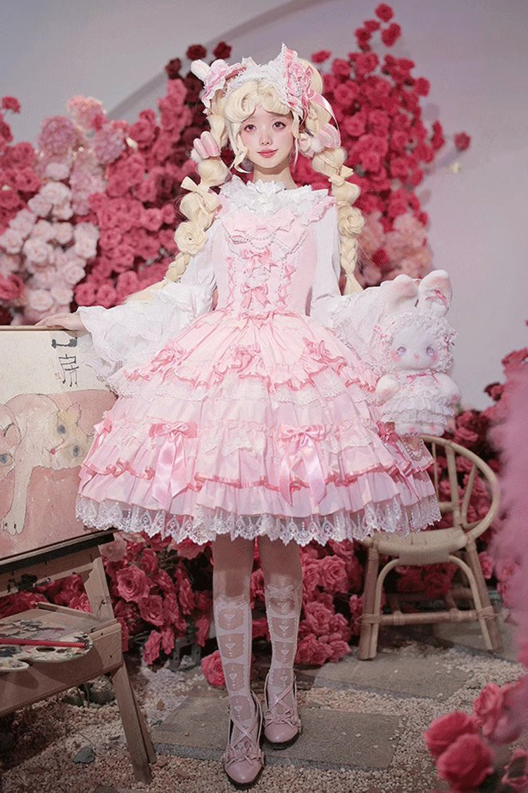 Sweet Multi-Layered Ruffle Bowknot Lace Princess Ballet Lolita Jsk Dress 4 Colors - Pink - 1