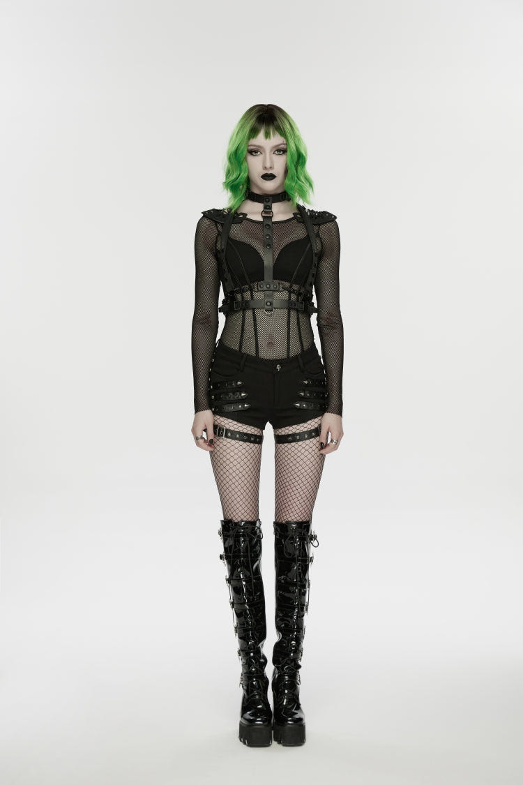 Black  Studded Women's Punk Shorts with Detachable Leg Harnesses - Product - 2