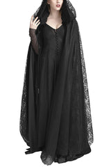 Black Hooded Hollow Womens Gothic Cloak Cape Long Coat - Black - 1
