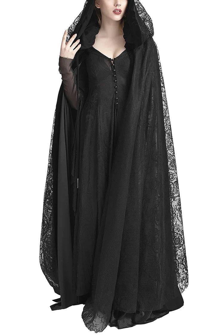 Black Hooded Hollow Womens Gothic Cloak Cape Long Coat - Black - 1