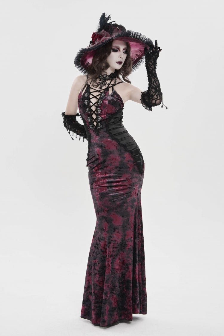 Black/Red Off Shoulder Halterneck Printed Hanayome Lace Lace-Up Slim Pleated Women's Gothic Jsk Dress - Product - 8