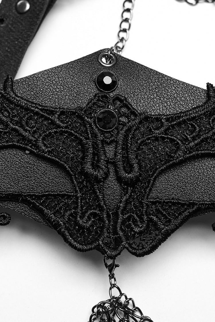 Black Artificial Leather Stitching Bat Shaped Lace Tassel Women's Steampunk Chain Mask - Product - 5
