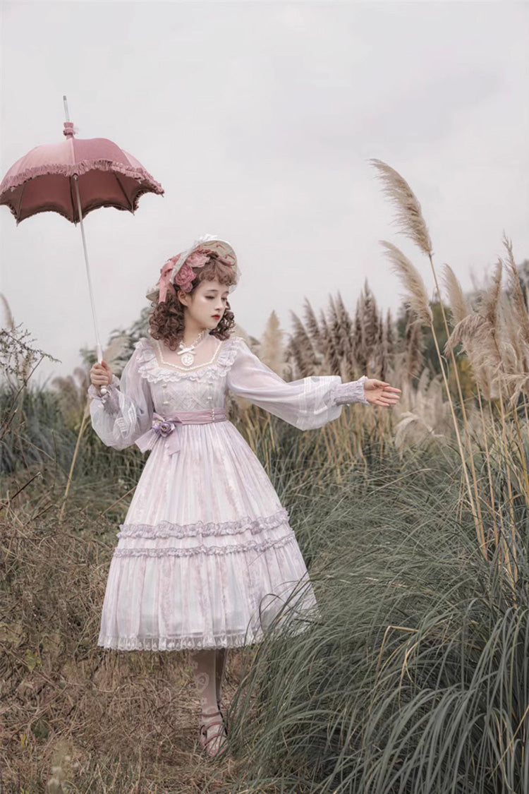 Light Purple Long Sleeves Ruffle Bowknot Lace Sweet Plus Size Elegant Lolita Dress - Product - 9