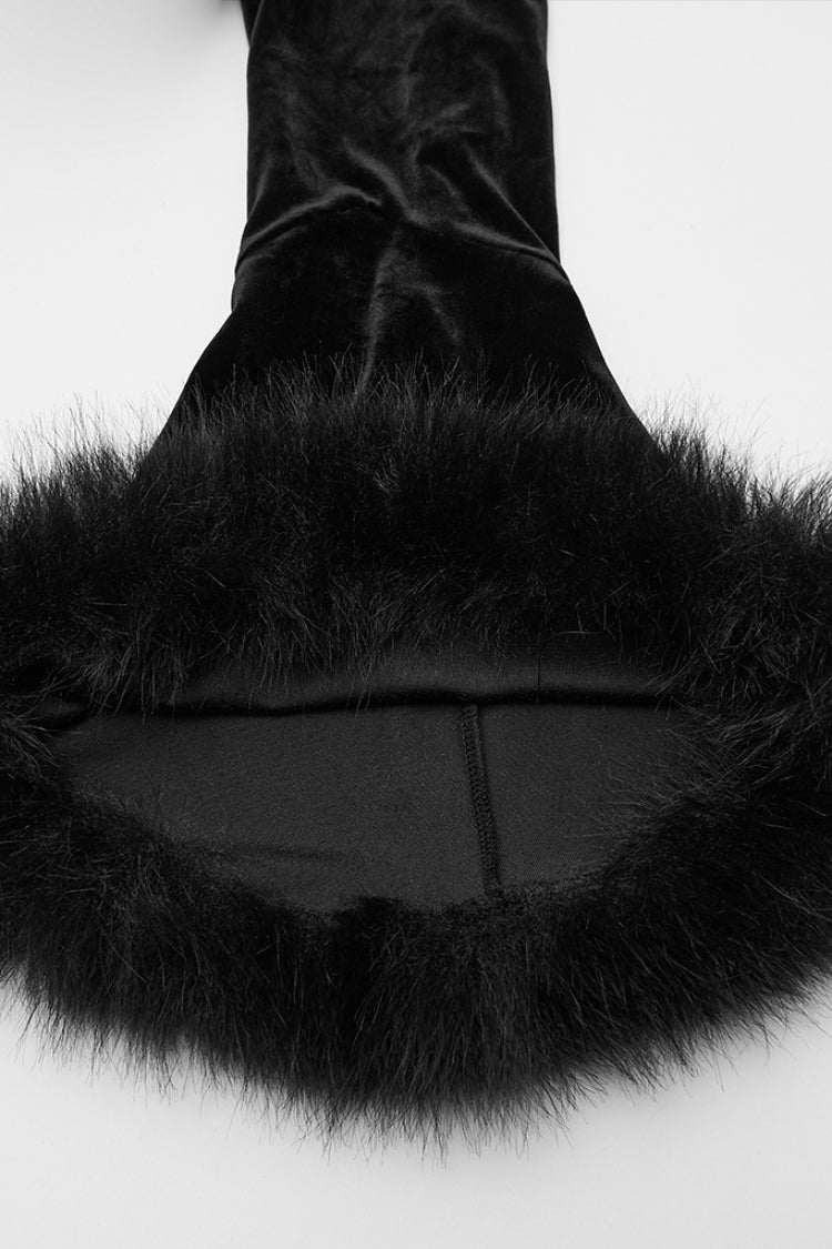 Black V Collar Long Sleeves Faux Fur Spliced Lace-Up Women's Gothic Cardigan - Product - 7