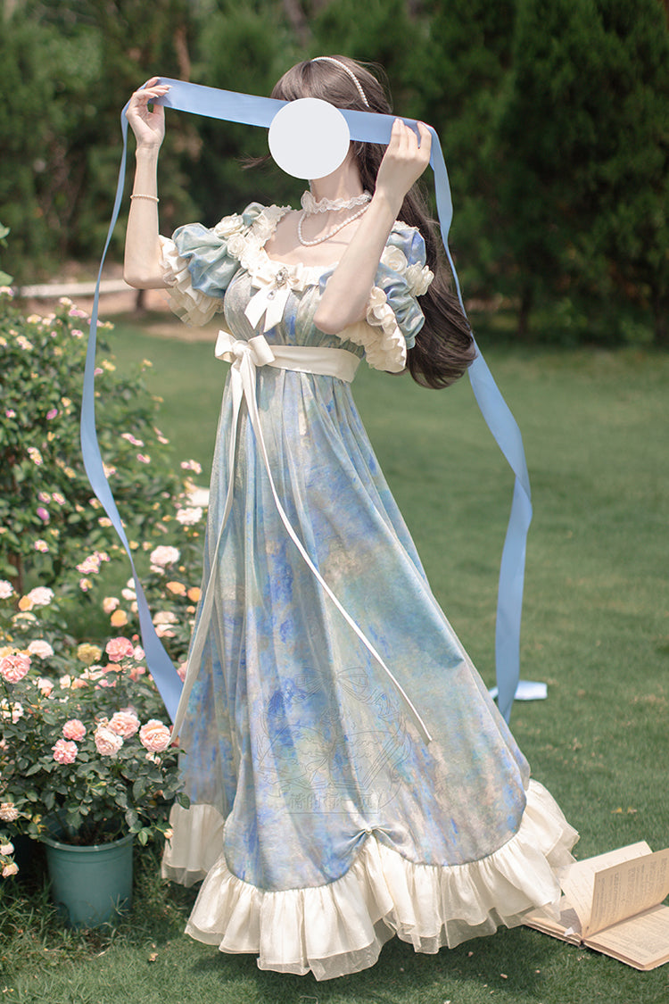 Blue [Oil Painting Sun and Moon Poem] Short Sleeves Print Ruffle Bowknot Sweet Princess Lolita Dress - Blue - 1