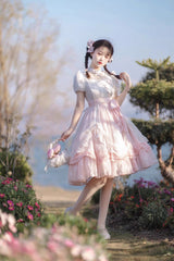 Pink Round Collar Short Sleeves Lace Ruffle Bowknot Sweet Princess Lolita Dress - Product - 6