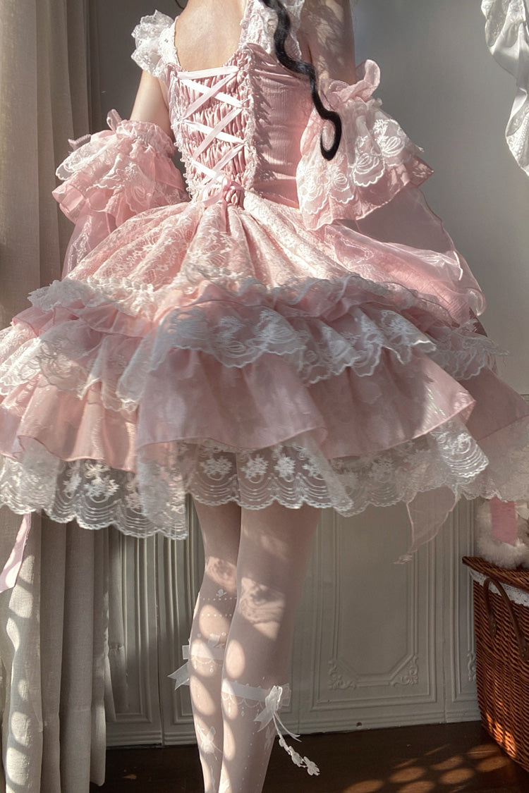 Pink [Spring Waters Reflecting Pear Blossoms] Ruffled Embroidered Open-Front Bow Lace Sweet Lolita Jsk Dress - Product - 8