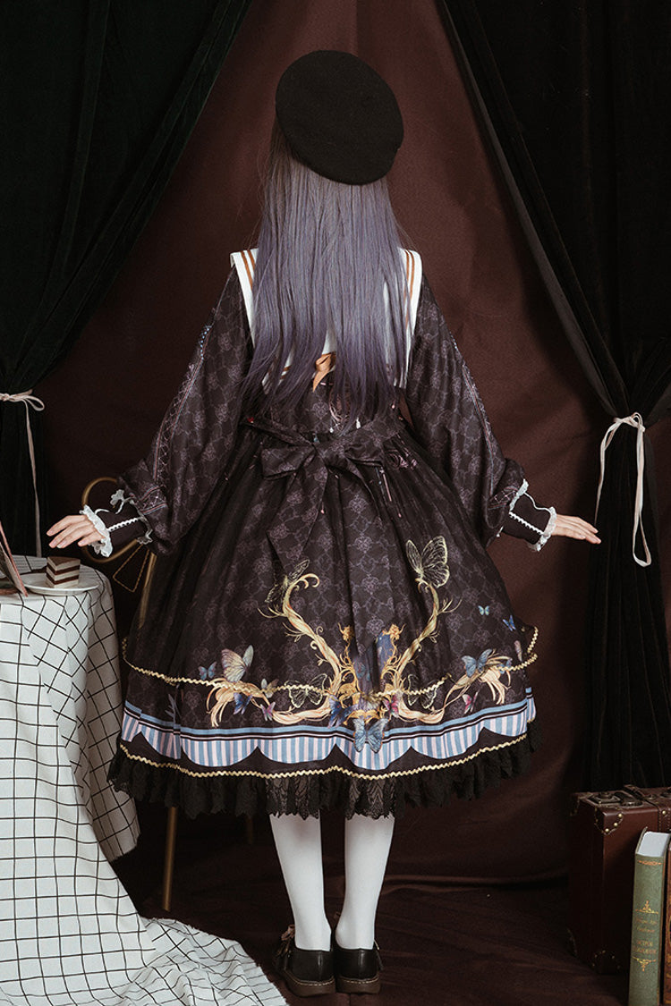 Black Navy Collar Long Sleeves Butterfly Print Ruffle Bowknot Gothic Elegant Princess Lolita Dress - Product - 3