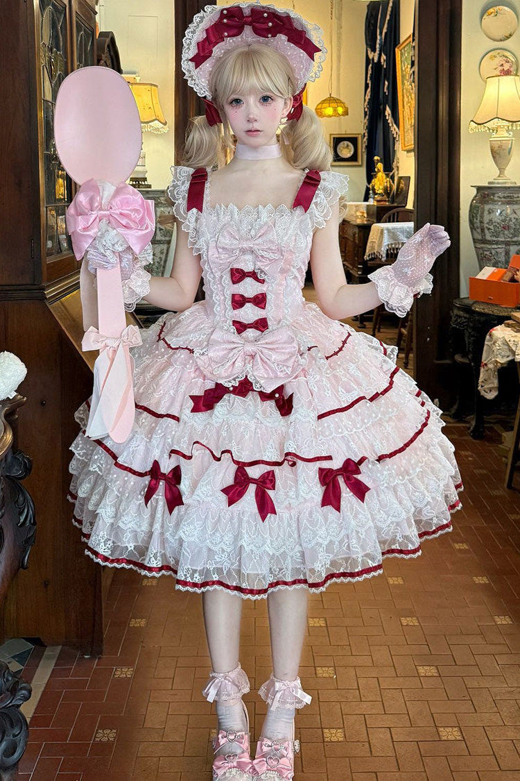 Pink [Moon-Tide Butterfly’s Call] Sleeveless Multi-Layered Ruffle Bowknot Lace Sweet Lolita Jsk Dress - Pink - 1