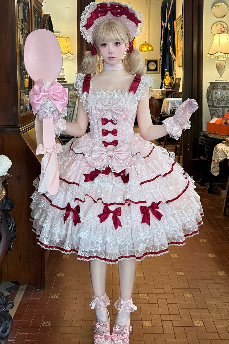 Pink [Moon-Tide Butterfly’s Call] Sleeveless Multi-Layered Ruffle Bowknot Lace Sweet Lolita Jsk Dress - Pink - 1