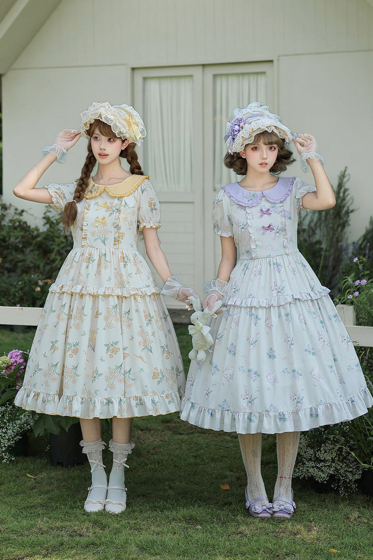 [Breezy Summer Blossoms] Peter Pan Collar Short Sleeves Jacquard Printed Ruffled Embroidered Bow Sweet Lolita Dress 2 Colors (Yellow, Purple) - Product - 3