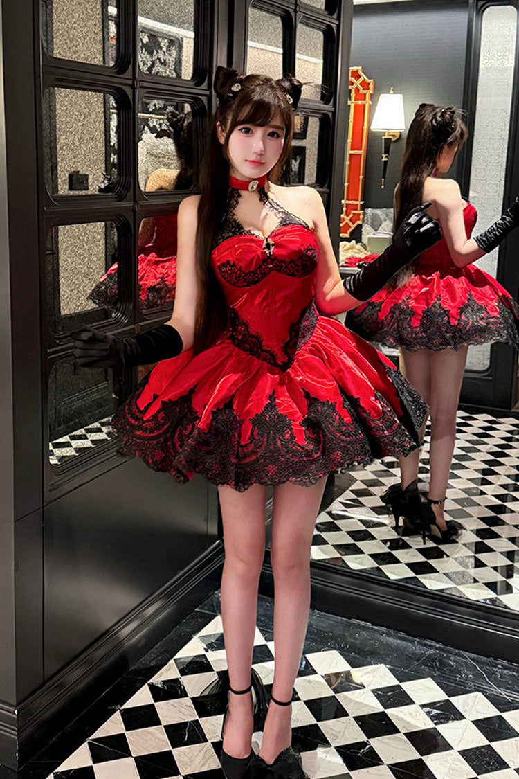 Red [Lace Cat] Halterneck Cut-Out Embroidered Gothic Ballet Lolita Jsk Dress - Product - 2