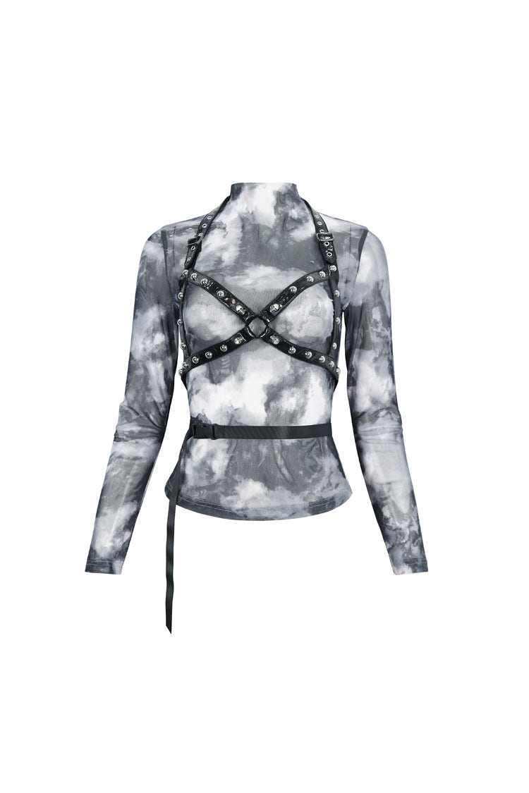 Black/Gay Tie Dyed Strappy Long Sleeved Womens Punk Shirt - Product - 6