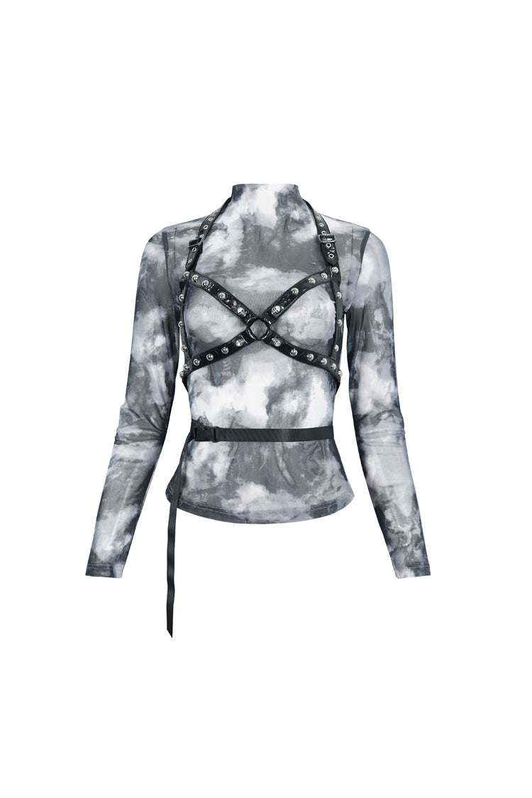 Black/Gay Tie Dyed Strappy Long Sleeved Womens Punk Shirt - Product - 6