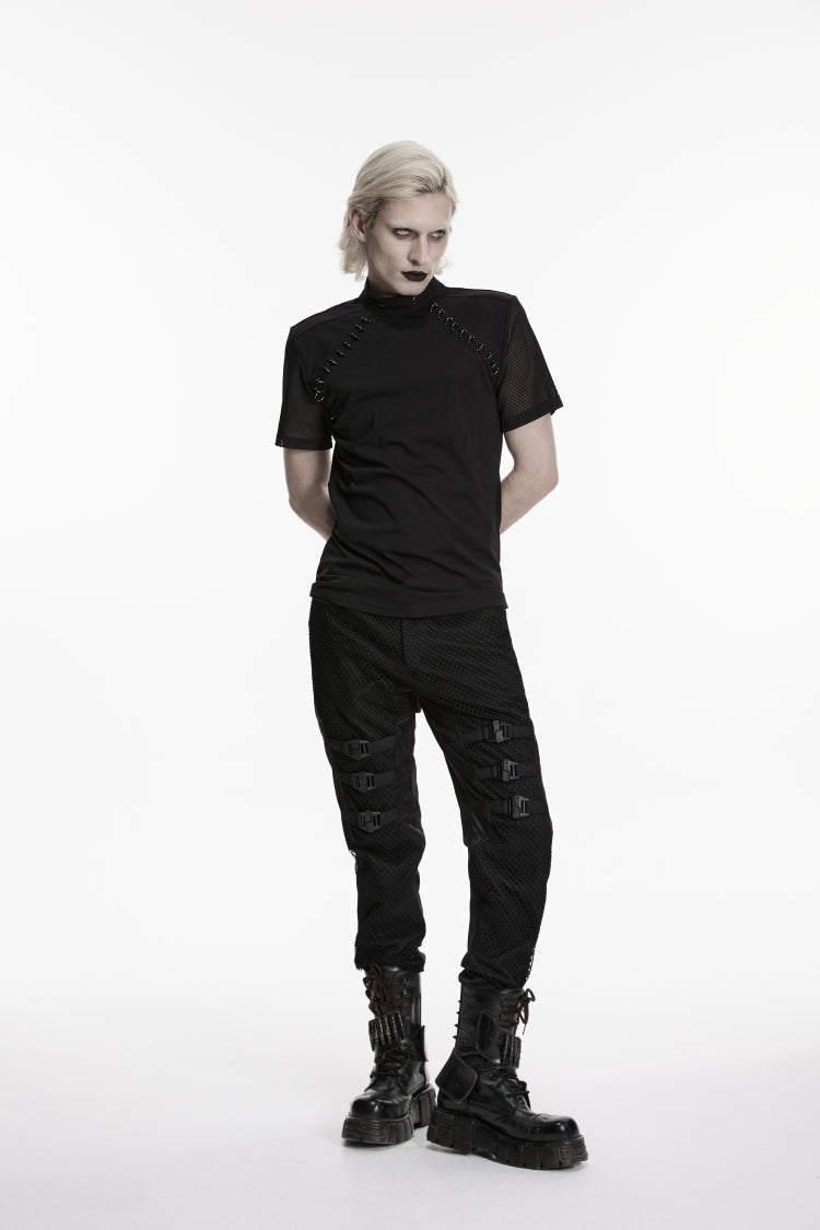 Black Spliced Slim Mesh Buckled Men's Punk Cool Pants - Product - 4