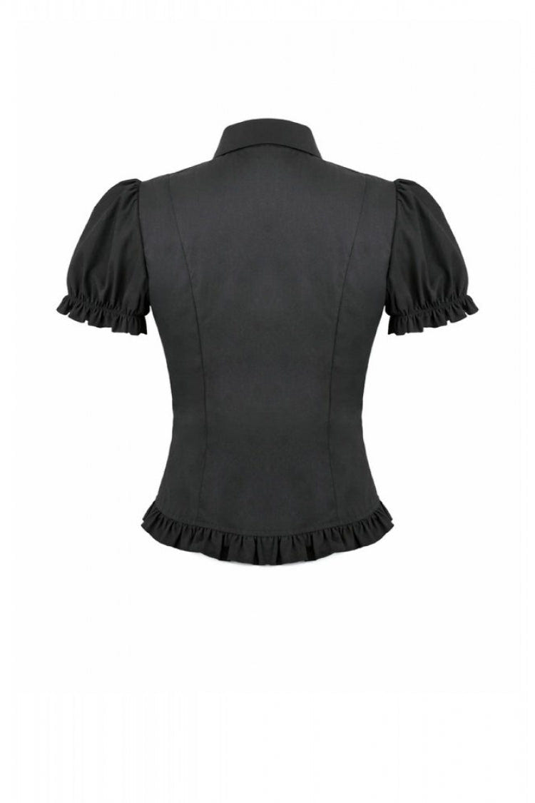 Black Pointed Turn‑down Collar Ruffled Short Puff Sleeves Pleated Women's Gothic Victorian Slim Blouse - Product - 15