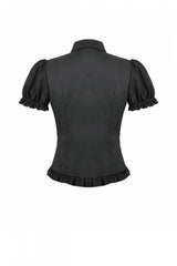 Black Pointed Turn‑down Collar Ruffled Short Puff Sleeves Pleated Women's Gothic Victorian Slim Blouse - Product - 15