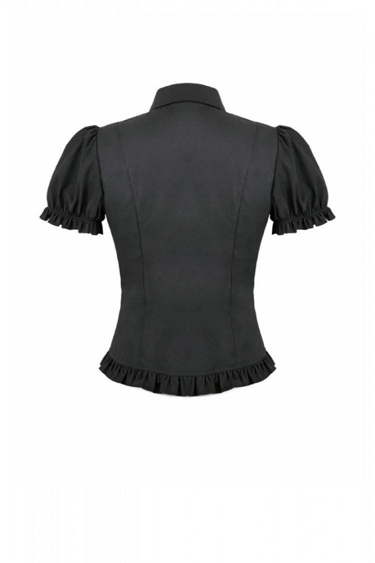 Black Pointed Turn‑down Collar Ruffled Short Puff Sleeves Pleated Women's Gothic Victorian Slim Blouse - Product - 15
