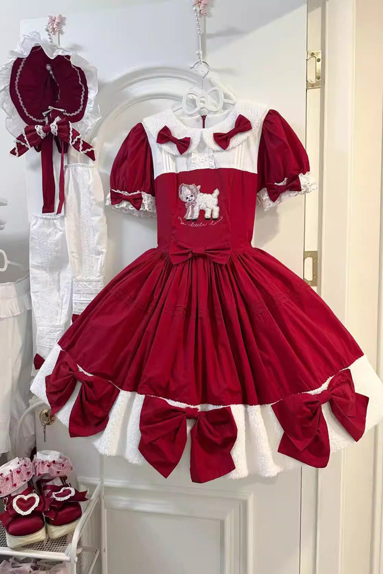 Red [Shepherd Girl’s Poem] Doll Collar Short Sleeves Ruffled Bow Sweet Lolita Dress - Product - 3
