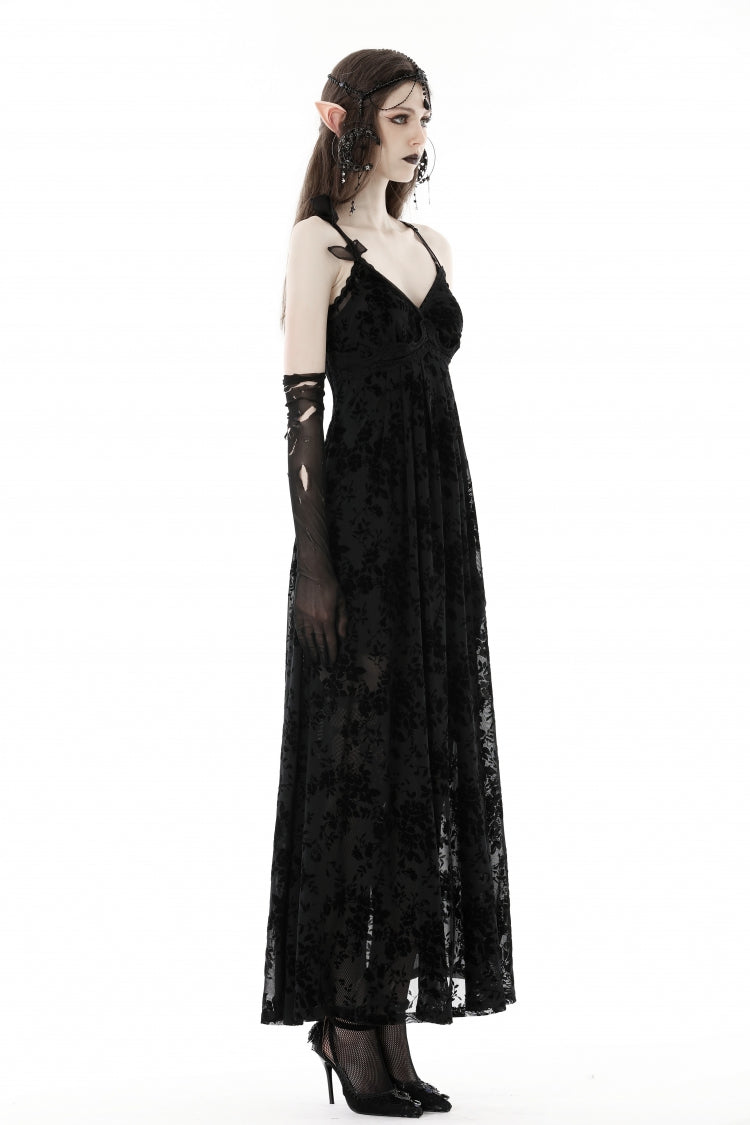 Black Sleeveless Lace Lace-Up Women's Gothic Maxi Rose Slip Dress - Product - 2