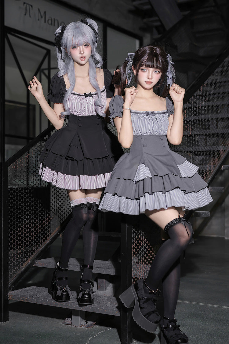 Classic Square Collar Halterneck Short Sleeves Triple-Layered Printed Ruffled Bow Cool Lolita Dress Set 2 Colors(Black, Grey) - Product - 5