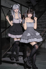 Classic Square Collar Halterneck Short Sleeves Triple-Layered Printed Ruffled Bow Cool Lolita Dress Set 2 Colors(Black, Grey) - Product - 5
