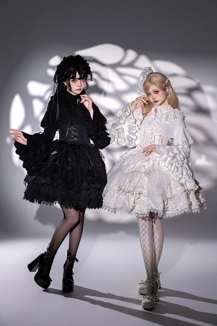 Black [The Angel of Good and Evil] Multi-Layered Ruffled Lace Gothic Elegant Lolita Skirt (Corset Belt Included) - Product - 4