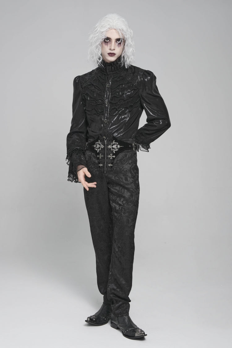 Black Stand Collar Long Puff Sleeves Embroidery Stitching Lace Men's Gothic Blouse - Product - 10