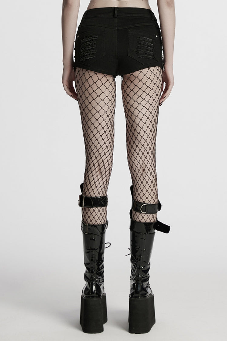 Black Stitching Mesh Distressed Women's Punk Shorts - Product - 3