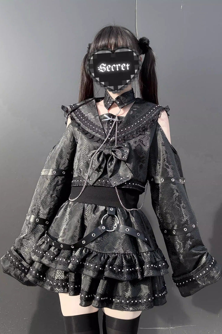 Black [Serpent Devour] Navy Collar Long Sleeves Snake Printed Ruffled Bow Studded Gothic Jirai Kei Skirt Set - Black - 1