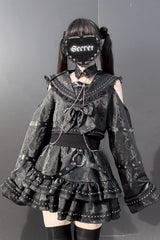 Black [Serpent Devour] Navy Collar Long Sleeves Snake Printed Ruffled Bow Studded Gothic Jirai Kei Skirt Set - Black - 1