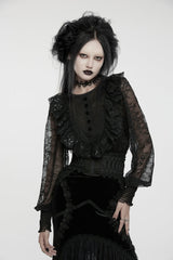 Black Round Collar Long Lantern Sleeves Ruffle Lace Women's Gothic Blouse - Product - 3