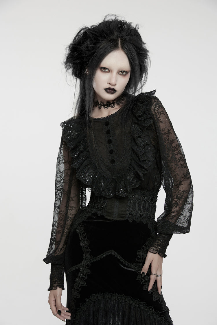 Black Round Collar Long Lantern Sleeves Ruffle Lace Women's Gothic Blouse - Product - 3