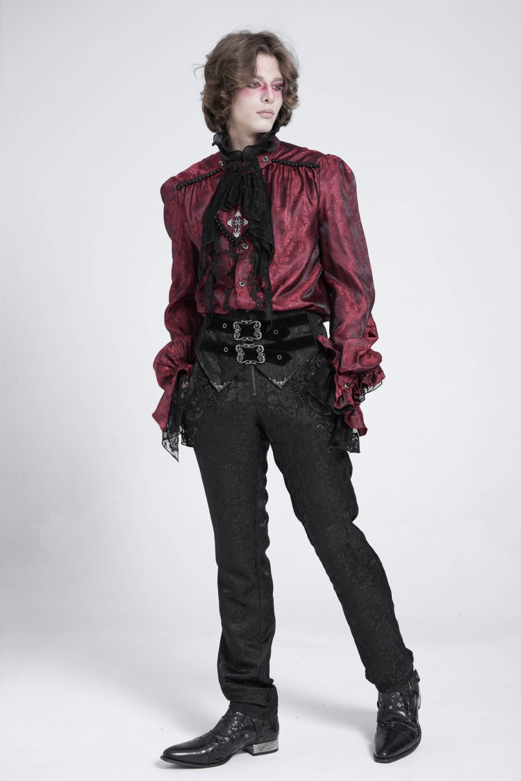 Red Long Puff Sleeves Men's Gothic Blouse with Lace Necktie - Product - 9