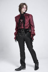 Red Long Puff Sleeves Men's Gothic Blouse with Lace Necktie - Product - 9