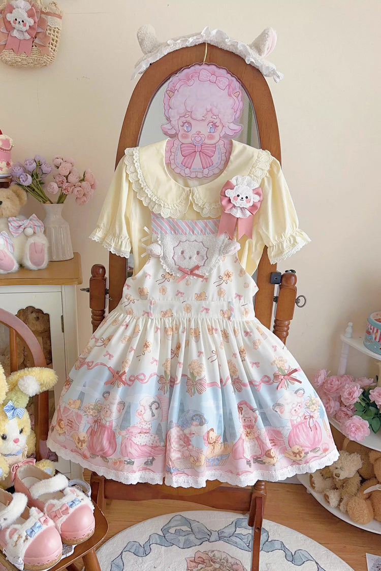 Blue/Pink Sheep Waltz Print Ruffle Bowknot Lace Sweet Lolita Strap Dress - Product - 3