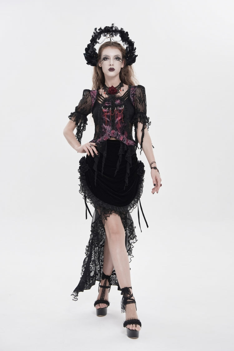 Black Embroidered Rose Lace-up Irregular Women's Gothic Hem Skirt - Product - 9