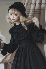 Black [Good Night] Long Sleeves Double-Layered Ruffle Bowknot Lace-Up Holy Gothic Lolita Dress - Product - 4