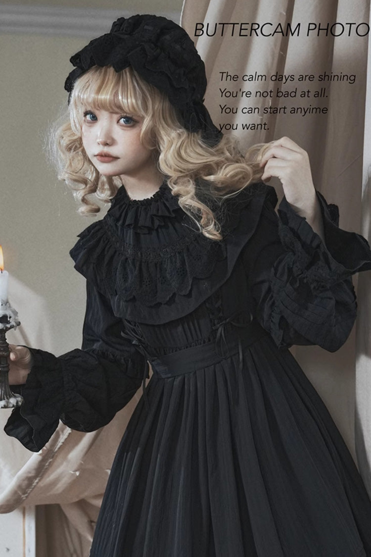 Black [Good Night] Long Sleeves Double-Layered Ruffle Bowknot Lace-Up Holy Gothic Lolita Dress - Product - 4