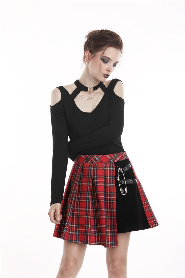 Red Irregular Plaid Pleated Women's Punk Hem Skirt - Product - 5