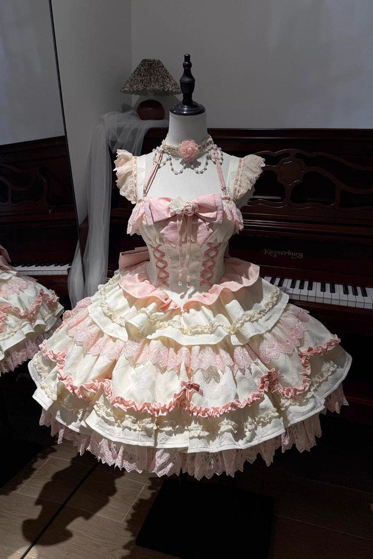 [Floral Bell Dream] スクエアカラー ティアード フリル 刺繍 リボン レースアップ スウィートロリータ ジャンパースカート（JSK） 2色
