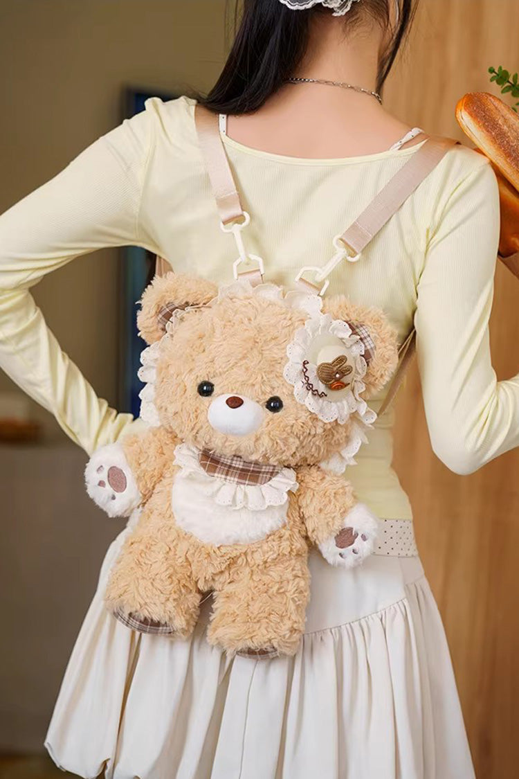 Brown [Little Bear Guli] Ruffled Plush Toy Sweet Lolita Backpack - Product - 9