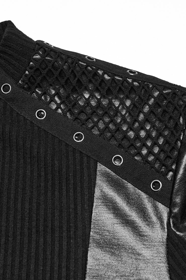 Black Round Collar Long Sleeves Spliced Eyelet Men's Punk T-Shirt - Product - 5