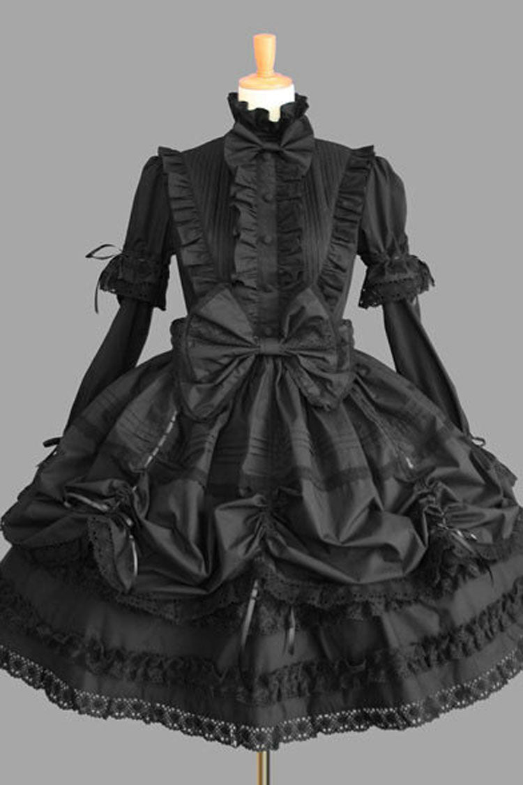 Black Cotton Stand Collar Long Sleeves Knee Length Bowknot Ruffled Multi-Layer Gothic Lolita Dress - Black - 1
