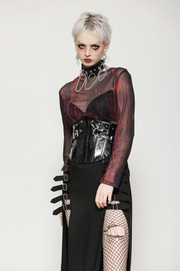Black Lace-Up Buckled Women's Punk Patent Leather Underbust Corset - Black - 1