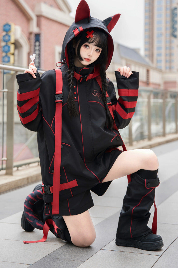 Black/Red Long Sleeves Print Cat Ears Hooded Jirai Kei Handsome Coat - Product - 2