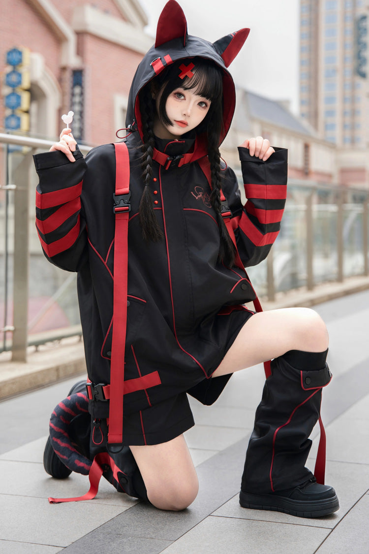 Black/Red Long Sleeves Print Cat Ears Hooded Jirai Kei Handsome Coat - Product - 2