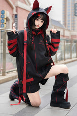 Black/Red Long Sleeves Print Cat Ears Hooded Jirai Kei Handsome Coat - Product - 2