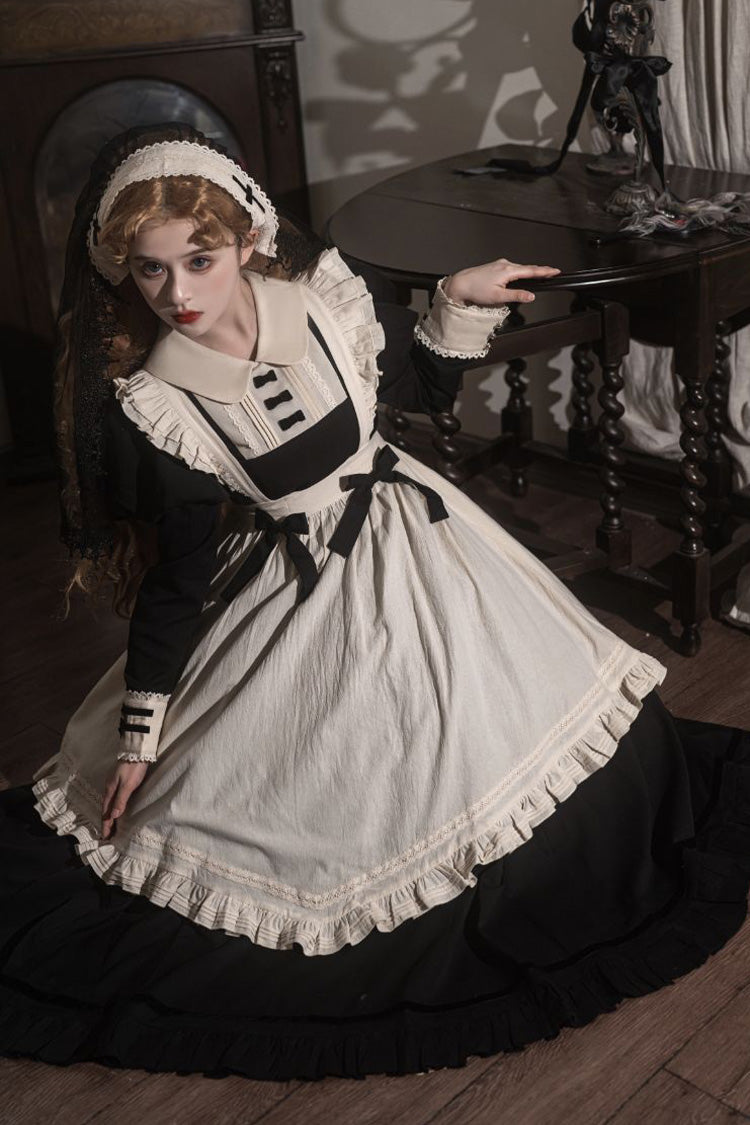 Black Maid Lapel Collar Short Sleeves Ruffle Sweet Classic Lolita Dress (Short or Long Version) - Product - 9