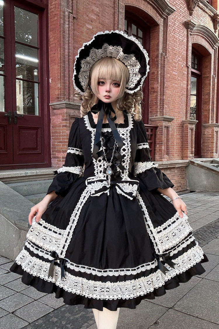 Black Square Collar Long Trumpet Sleeves Bow Lace Lace-Up Gothic Lolita Dress - Black(Only) - 1